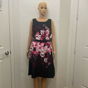 Chetta B Dress Size 8 Scoop Neck Sleeveless Black Pink Floral Midi Belt Cotton